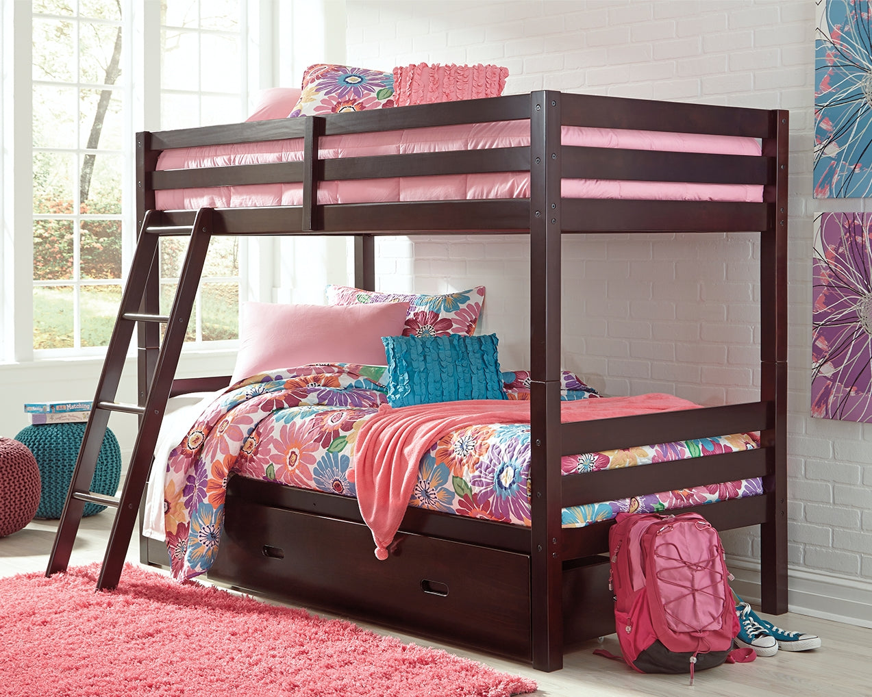 Halanton Signature Design by Ashley Twin over Twin Bunk Bed with 1 Large Storage Drawer